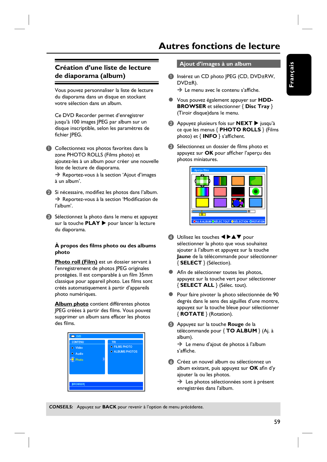 Philips DVDR7260H manuel dutilisation Autres fonctions de lecture, Création d’une liste de lecture de diaporama album 