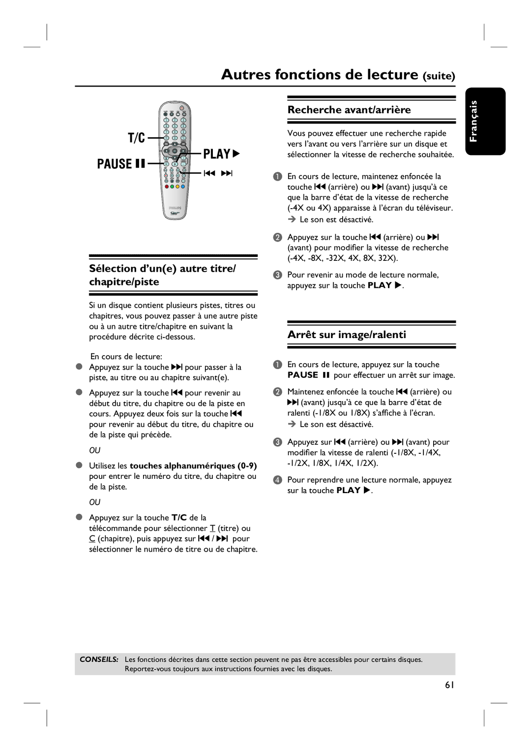 Philips DVDR7260H Recherche avant/arrière, Sélection d’une autre titre/ chapitre/piste, Arrêt sur image/ralenti 