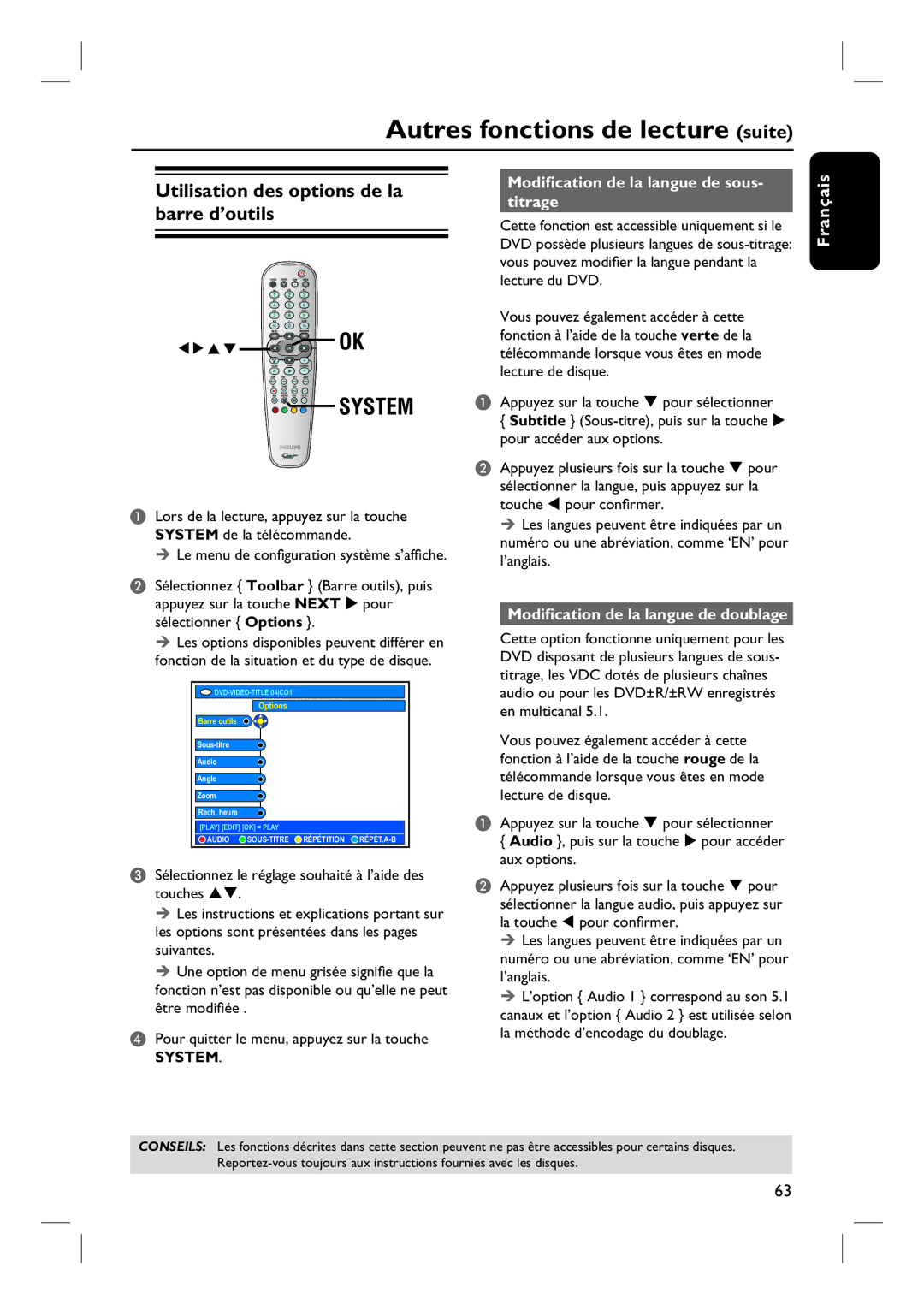 Philips DVDR7260H Utilisation des options de la barre d’outils, Modification de la langue de sous- titrage 