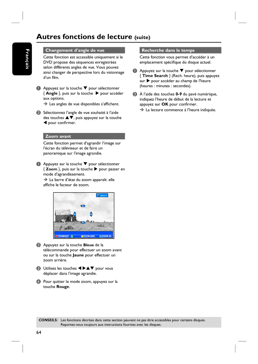 Philips DVDR7260H Changement d’angle de vue Recherche dans le temps, La lecture commence à l’heure indiquée, Zoom avant 