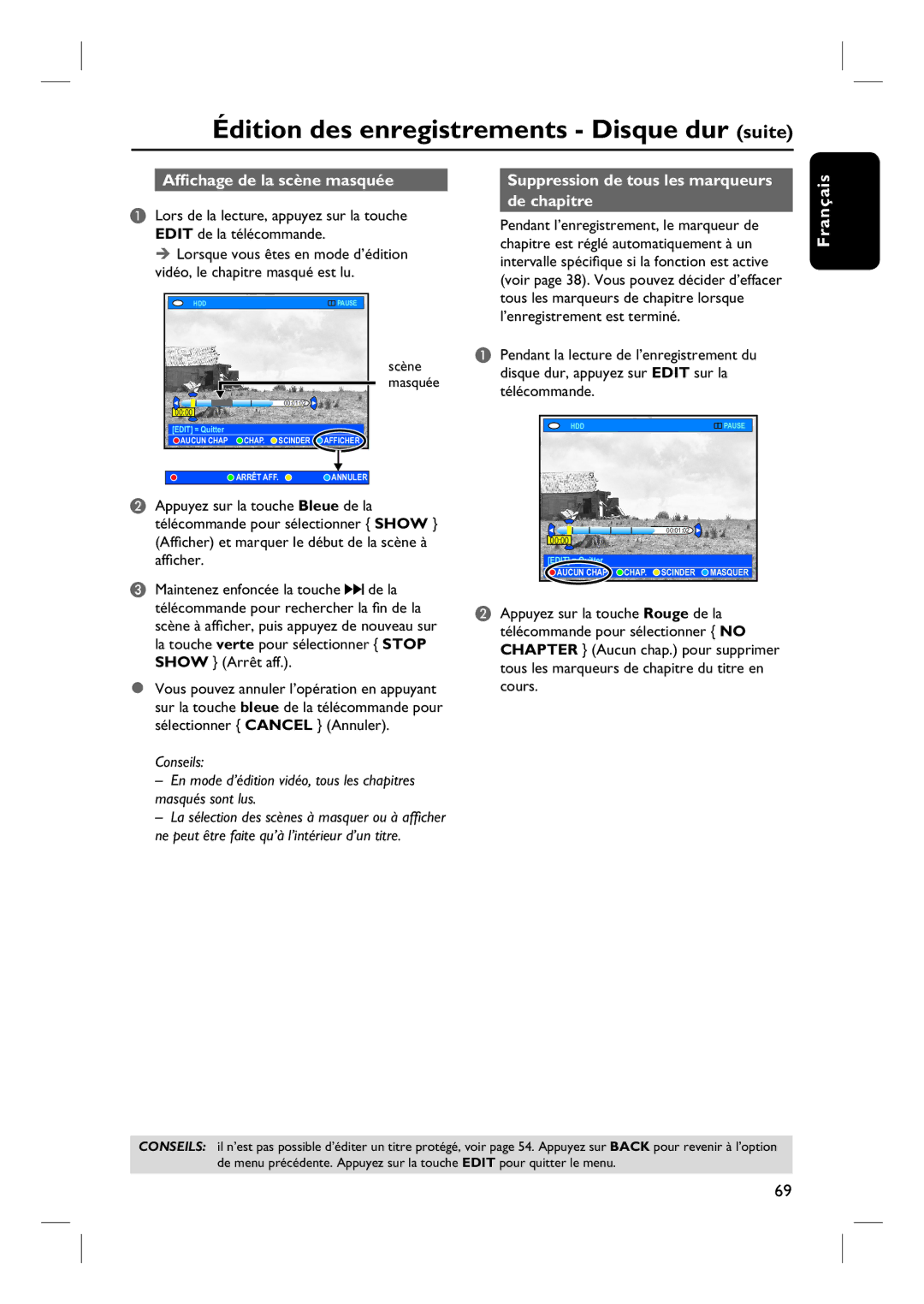 Philips DVDR7260H manuel dutilisation Affichage de la scène masquée, Suppression de tous les marqueurs de chapitre 