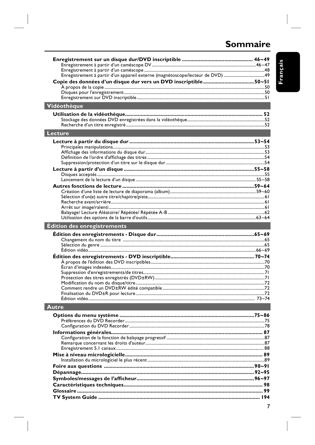 Philips DVDR7260H manuel dutilisation 46~49, 50~51, 53~54, 55~58, 59~64, 65~69, 70~74, 75~86, 90~91, 92~95, 96~97, 194 