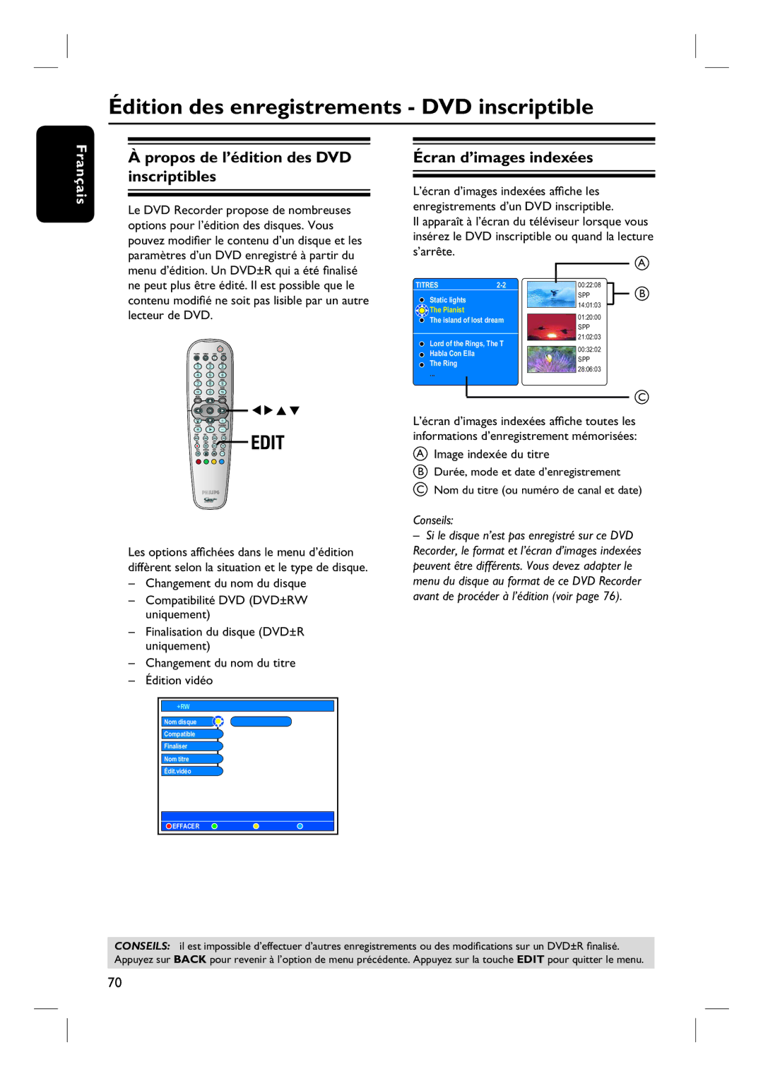 Philips DVDR7260H Édition des enregistrements DVD inscriptible, Propos de l’édition des DVD inscriptibles 