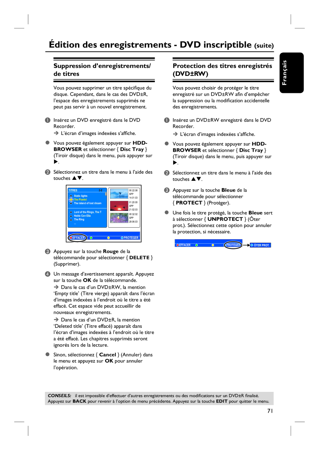 Philips DVDR7260H Édition des enregistrements DVD inscriptible suite, Suppression d’enregistrements/ de titres 