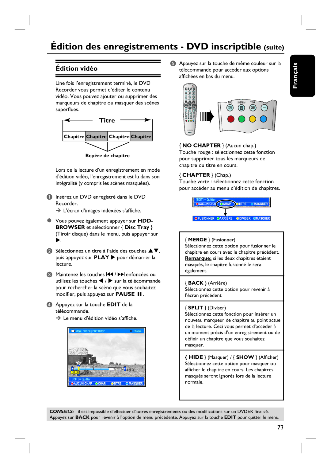 Philips DVDR7260H Titre, Sélectionnez un titre à l’aide des touches, Lecture Maintenez les touches / enfoncées ou 