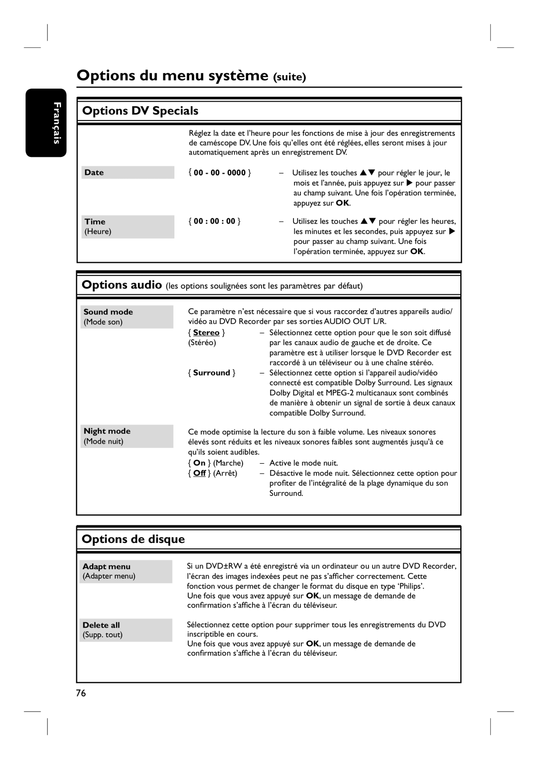 Philips DVDR7260H manuel dutilisation Options du menu système suite 