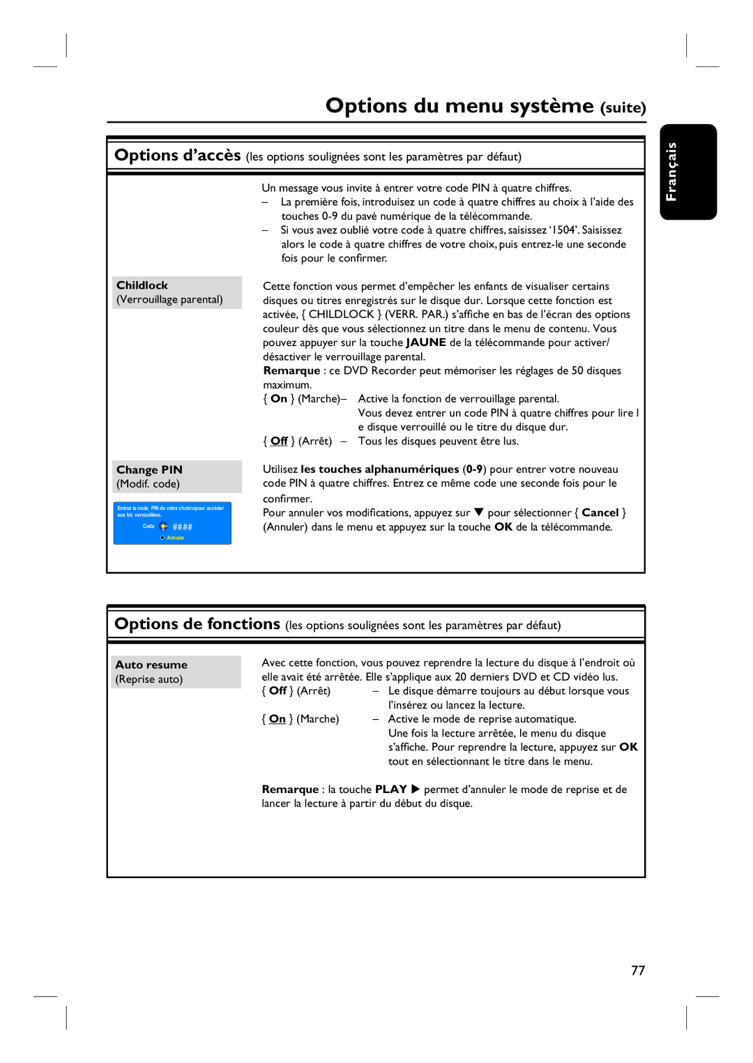 Philips DVDR7260H manuel dutilisation Childlock, Change PIN, Auto resume 