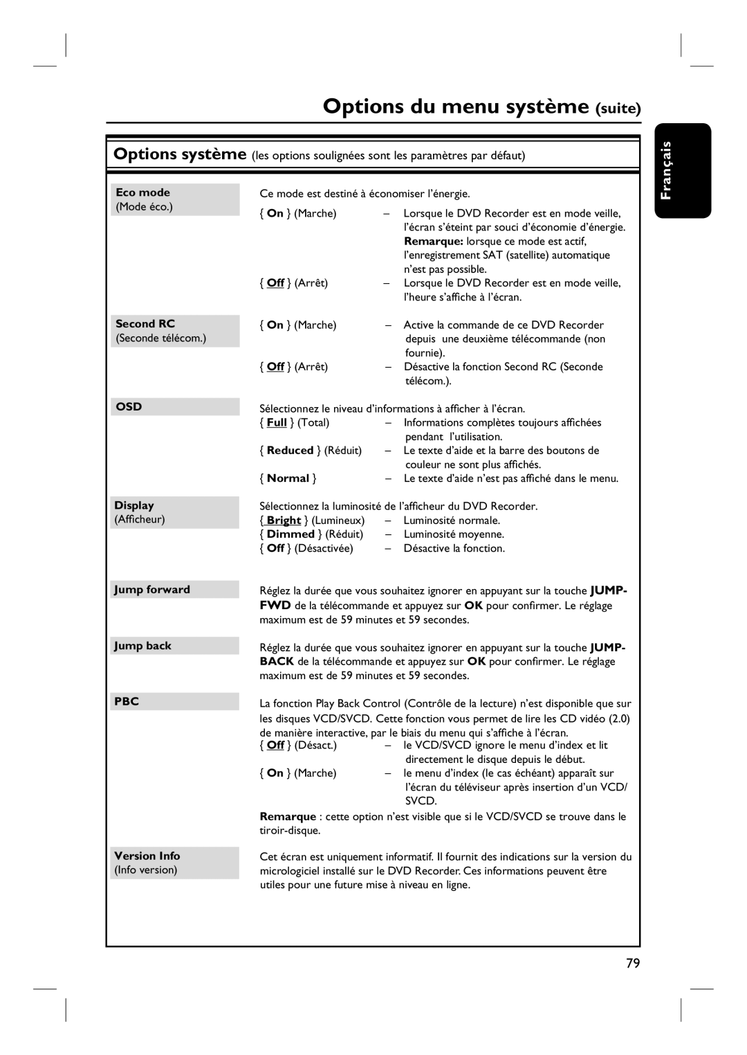 Philips DVDR7260H manuel dutilisation Eco mode, Second RC, Normal, Display, Jump forward Jump back, Version Info 