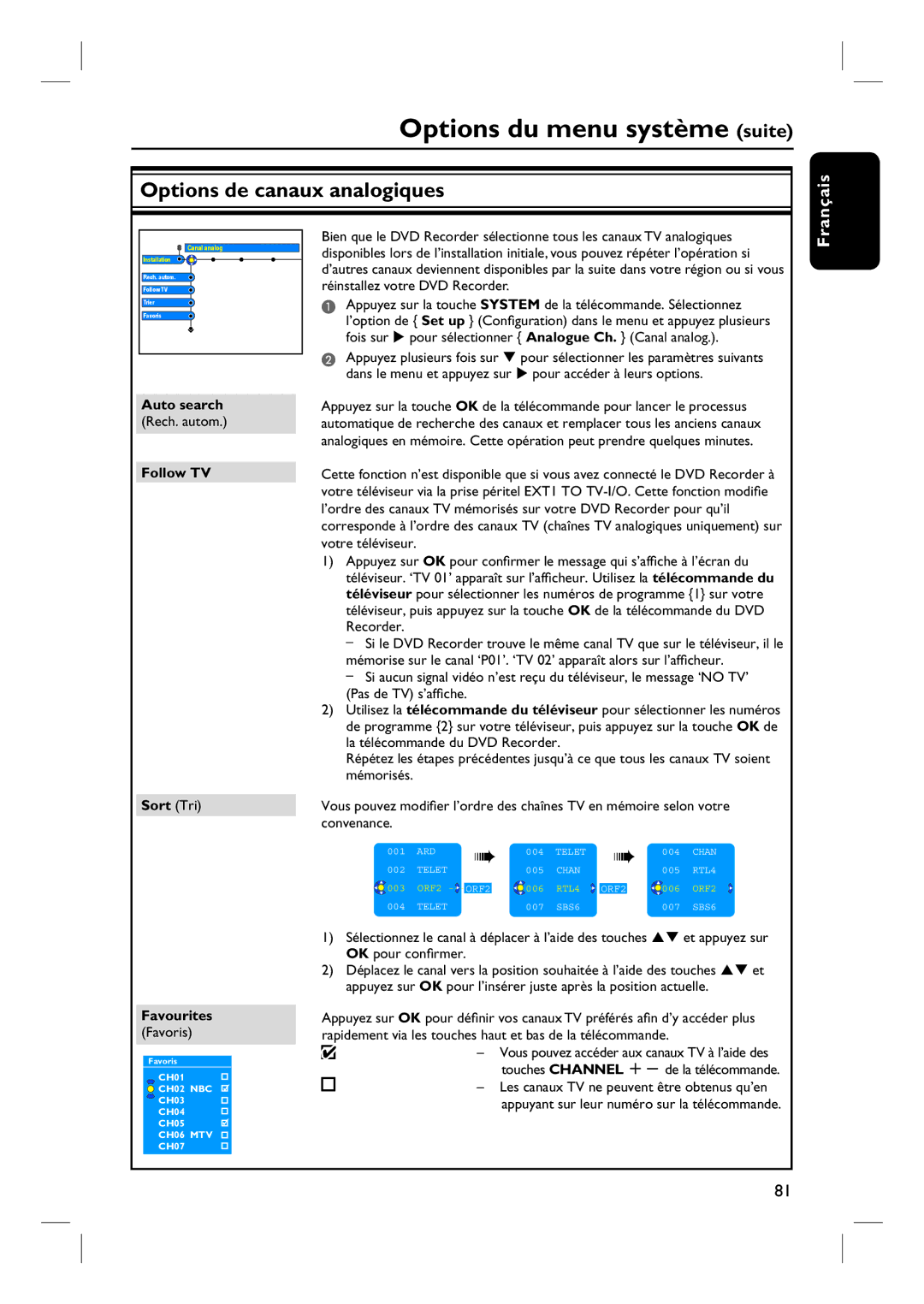 Philips DVDR7260H manuel dutilisation Auto search, Follow TV Sort Tri, Favourites Favoris 