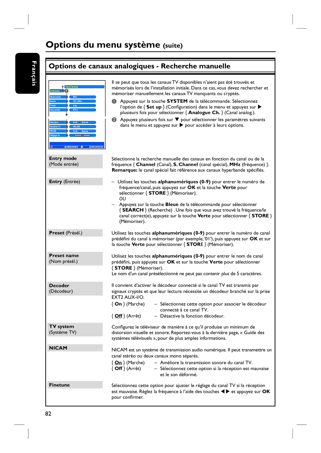 Philips DVDR7260H manuel dutilisation Preset name Nom présél Decoder, TV system, Finetune 