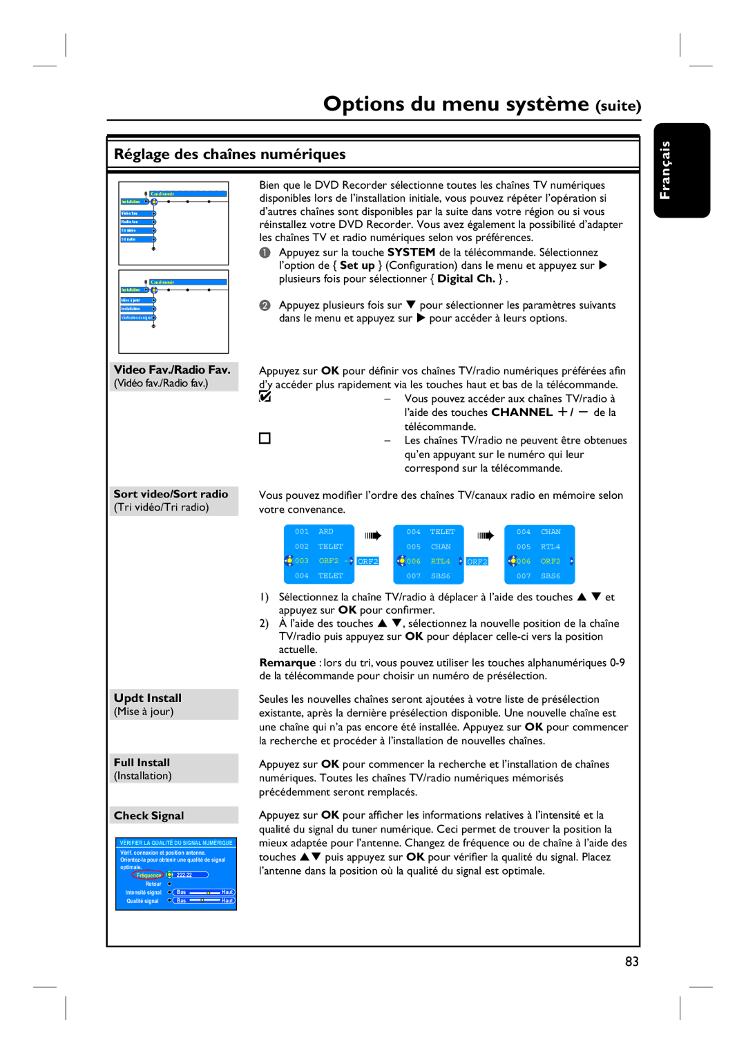 Philips DVDR7260H manuel dutilisation Réglage des chaînes numériques, Video Fav./Radio Fav, Updt Install 