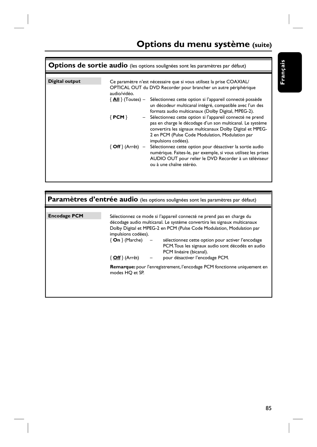 Philips DVDR7260H manuel dutilisation Digital output, Pcm, Encodage PCM 