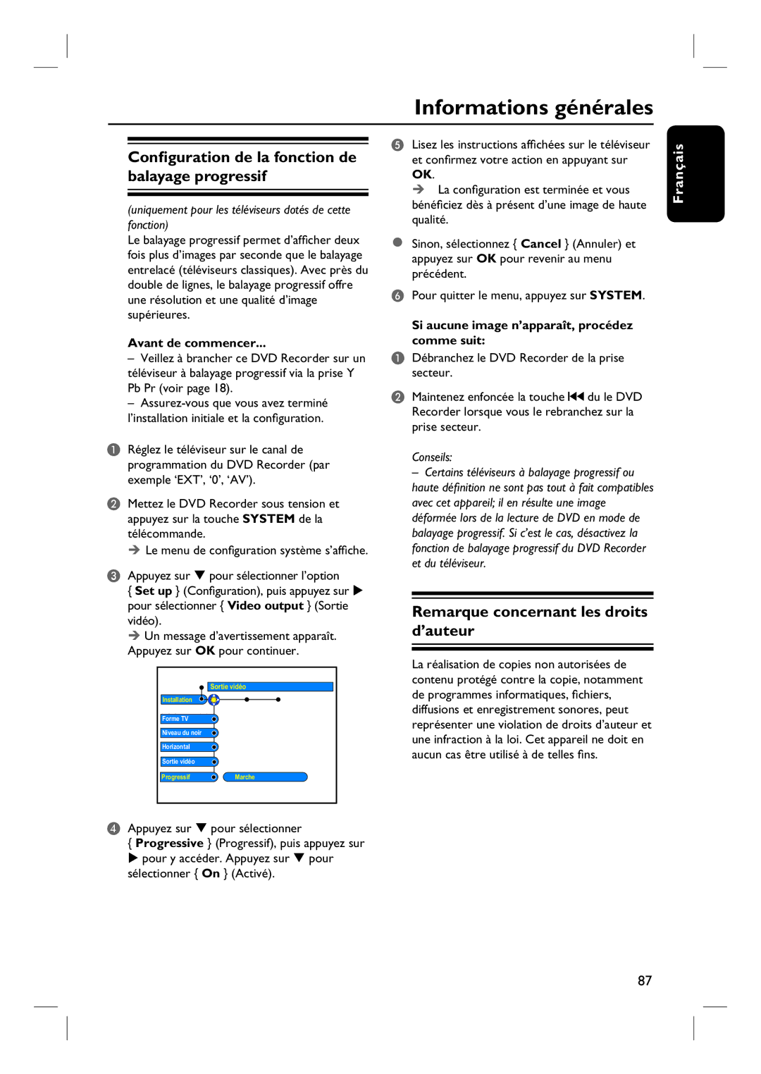 Philips DVDR7260H Informations générales, Configuration de la fonction de balayage progressif, Sélectionner On Activé 