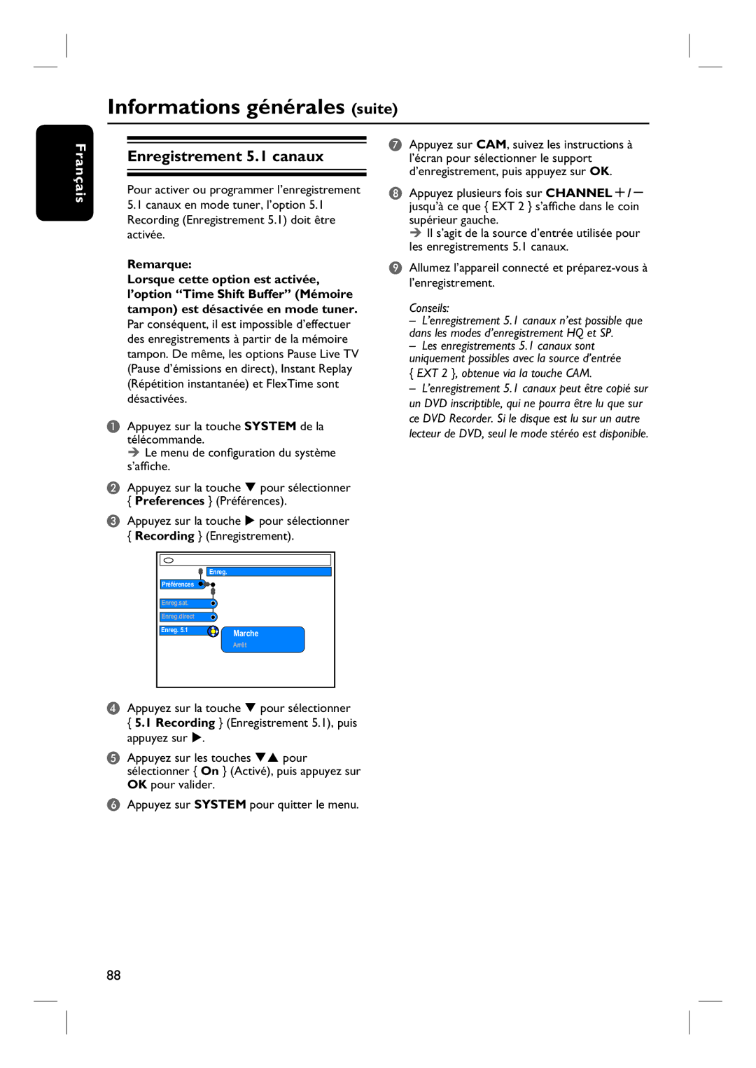 Philips DVDR7260H manuel dutilisation Informations générales suite, Enregistrement 5.1 canaux, Remarque 