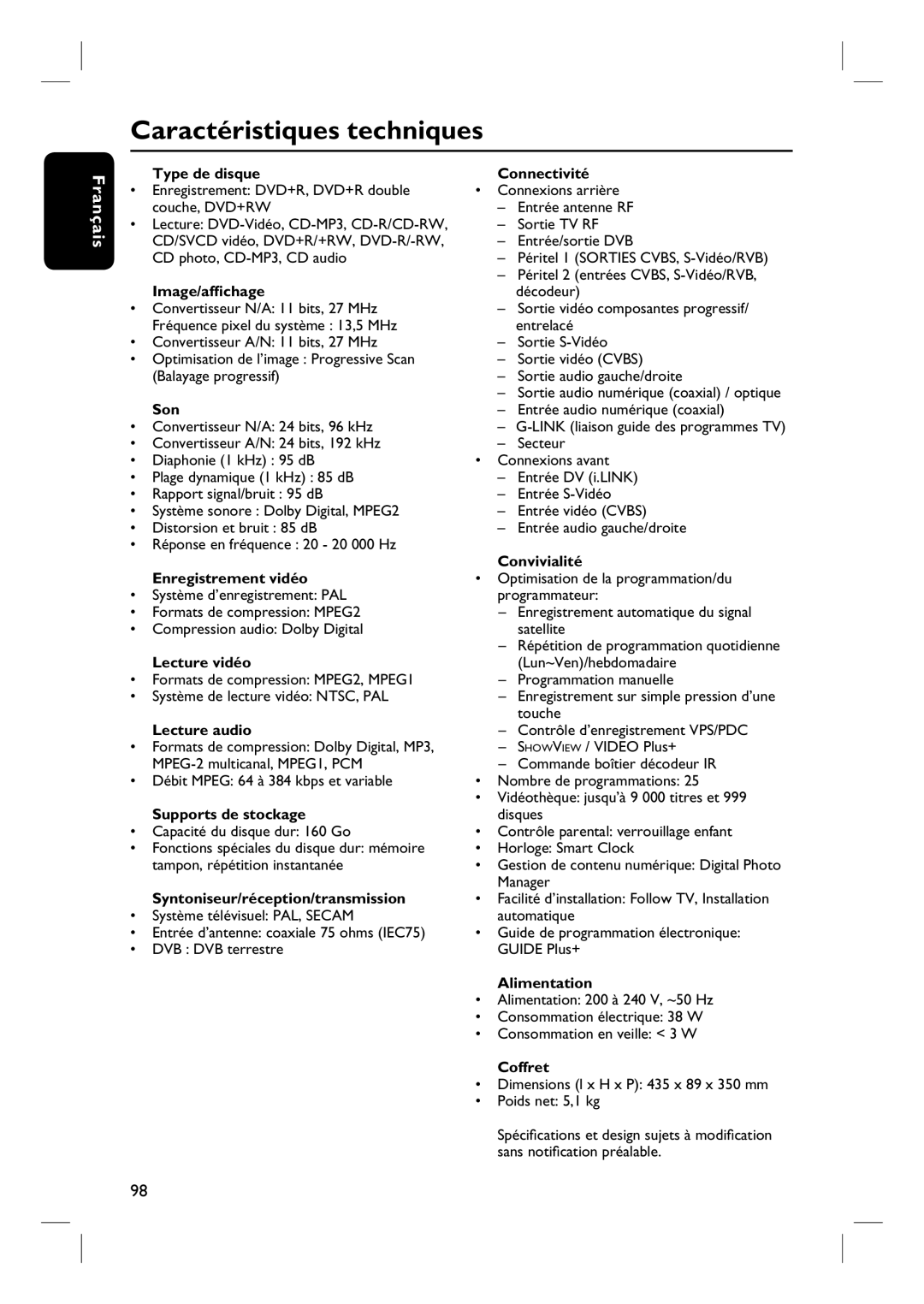 Philips DVDR7260H manuel dutilisation Caractéristiques techniques 