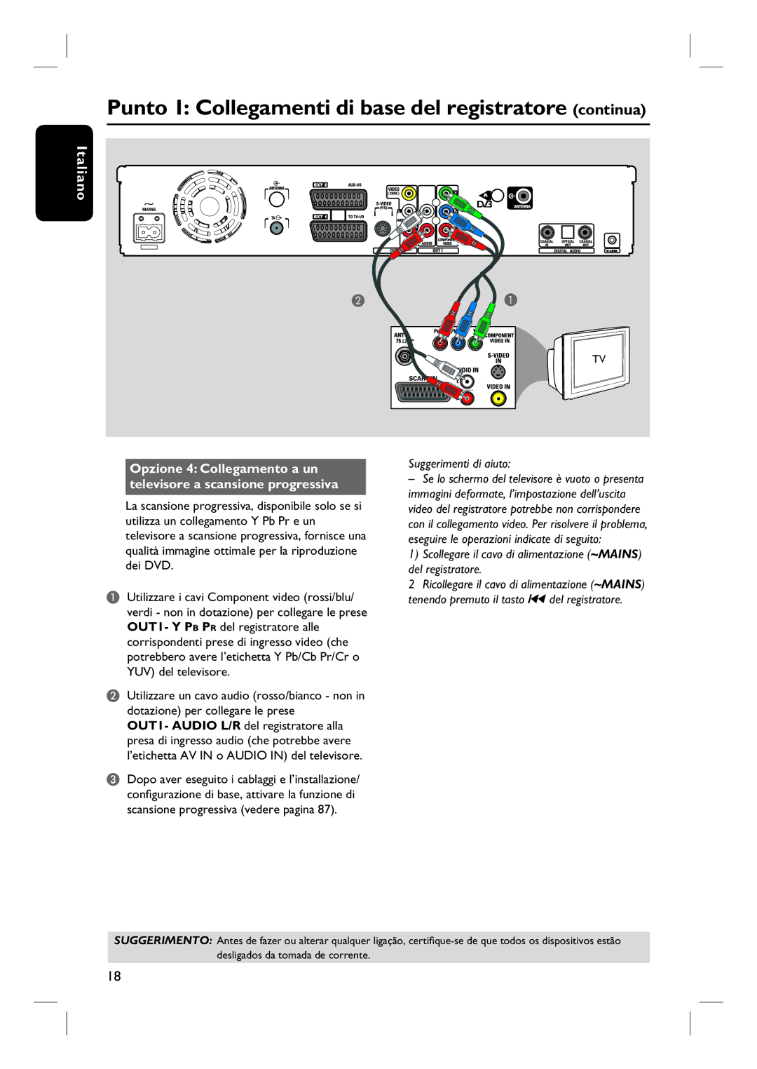 Philips DVDR7260H manual do utilizador Scollegare il cavo di alimentazione ~MAINS del registratore 