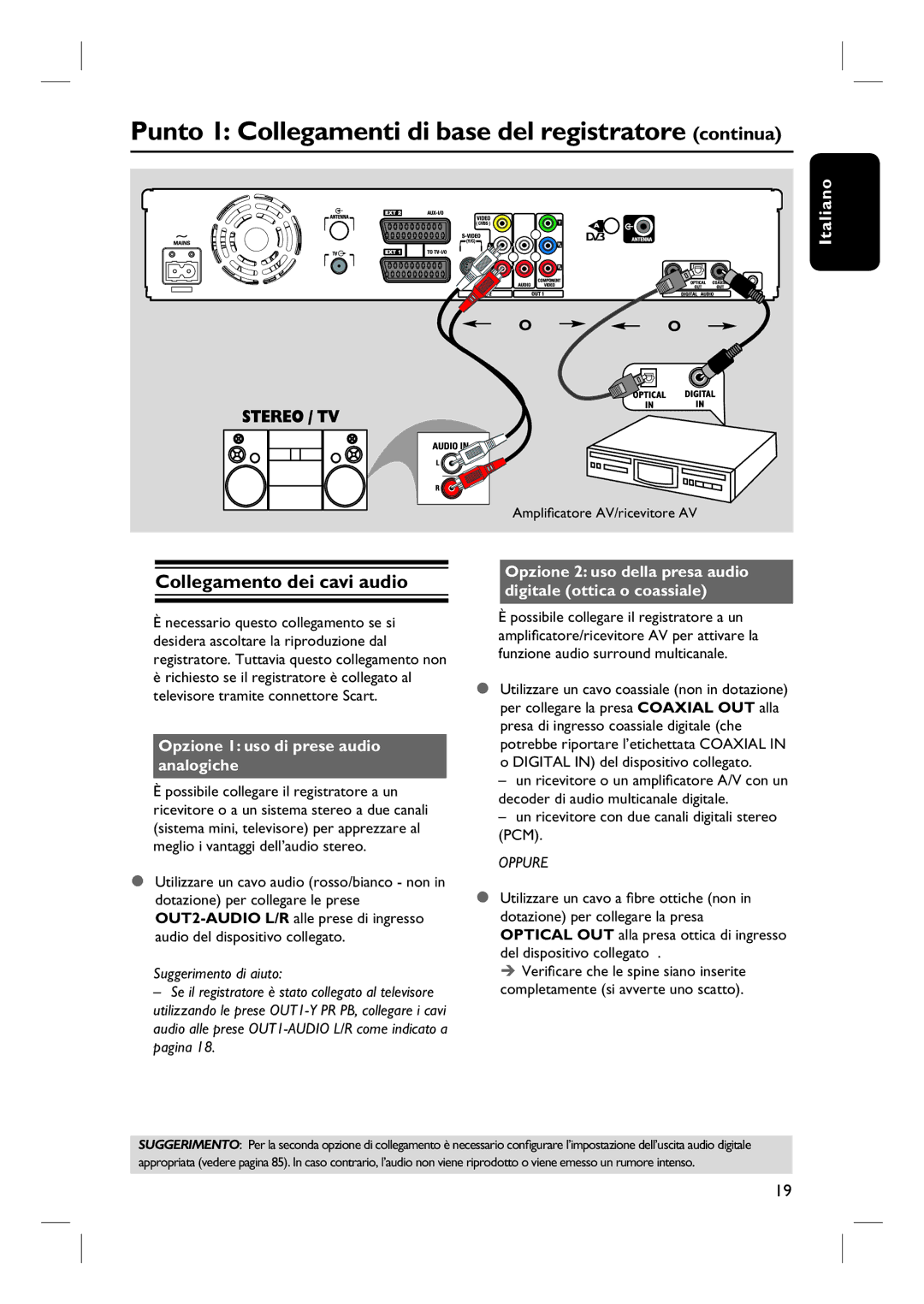 Philips DVDR7260H Collegamento dei cavi audio, Opzione 1 uso di prese audio analogiche, Suggerimento di aiuto 