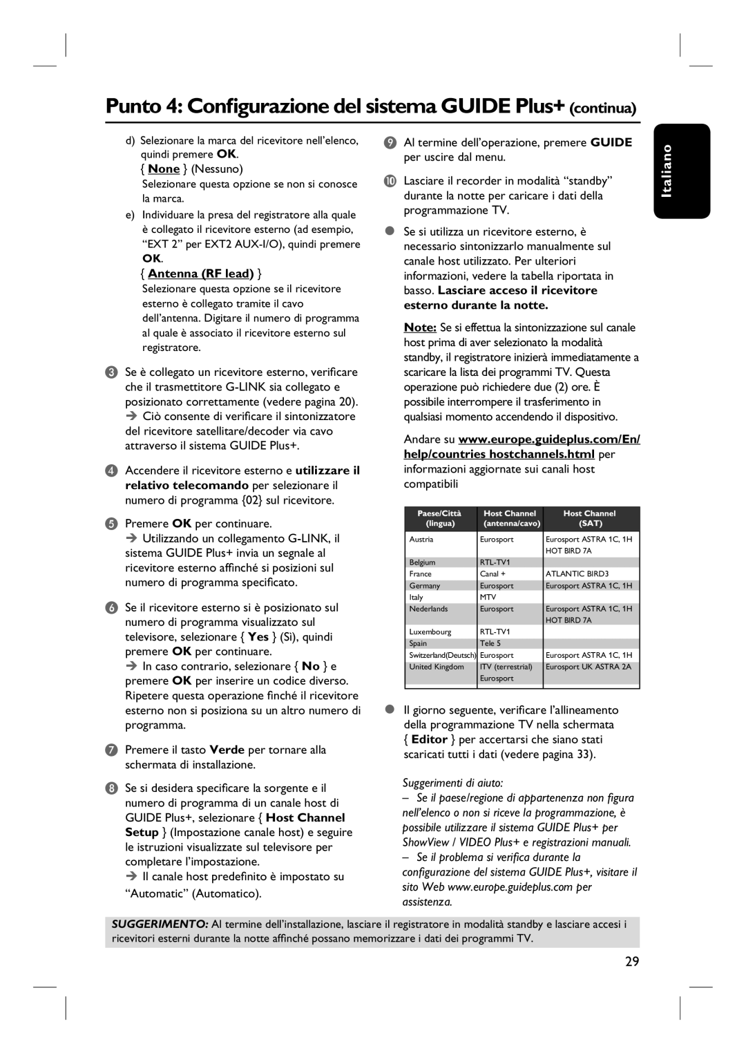 Philips DVDR7260H manual do utilizador Punto 4 Configurazione del sistema Guide Plus+ continua, Antenna RF lead 