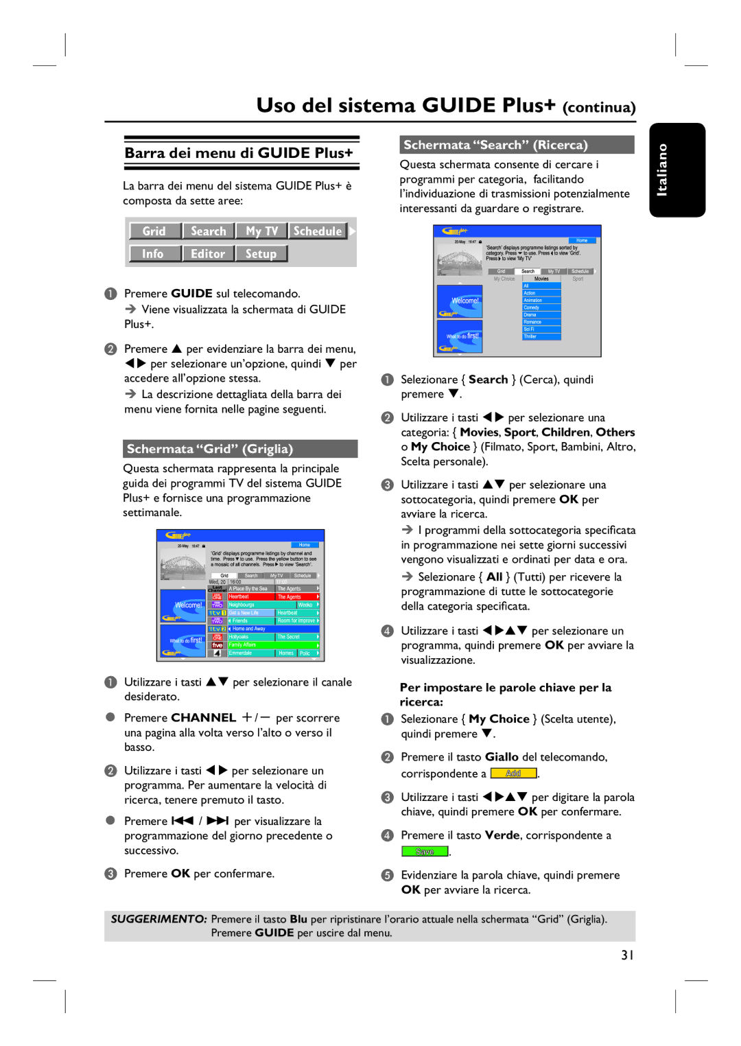 Philips DVDR7260H manual do utilizador Uso del sistema Guide Plus+ continua, Barra dei menu di Guide Plus+ 