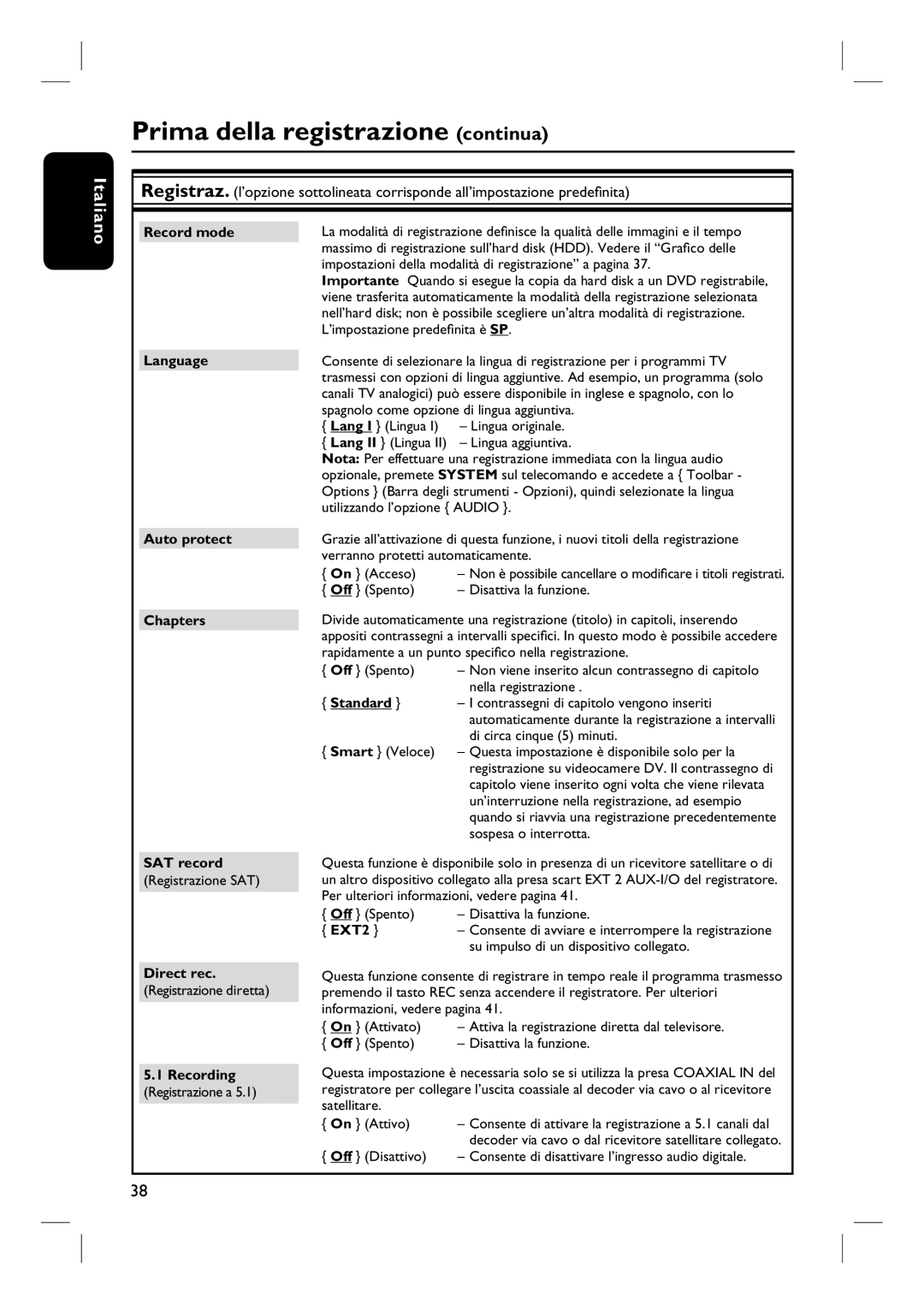 Philips DVDR7260H manual do utilizador Record mode Language Auto protect Chapters SAT record, Direct rec, Standard, EXT2 