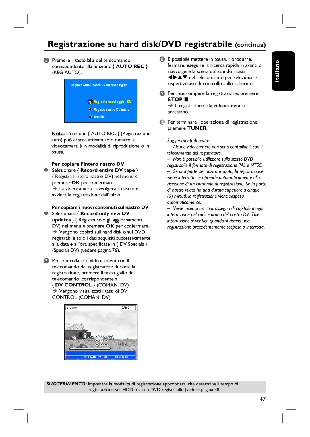 Philips DVDR7260H manual do utilizador Registrazione su hard disk/DVD registrabile continua, Control COMAN. DV 