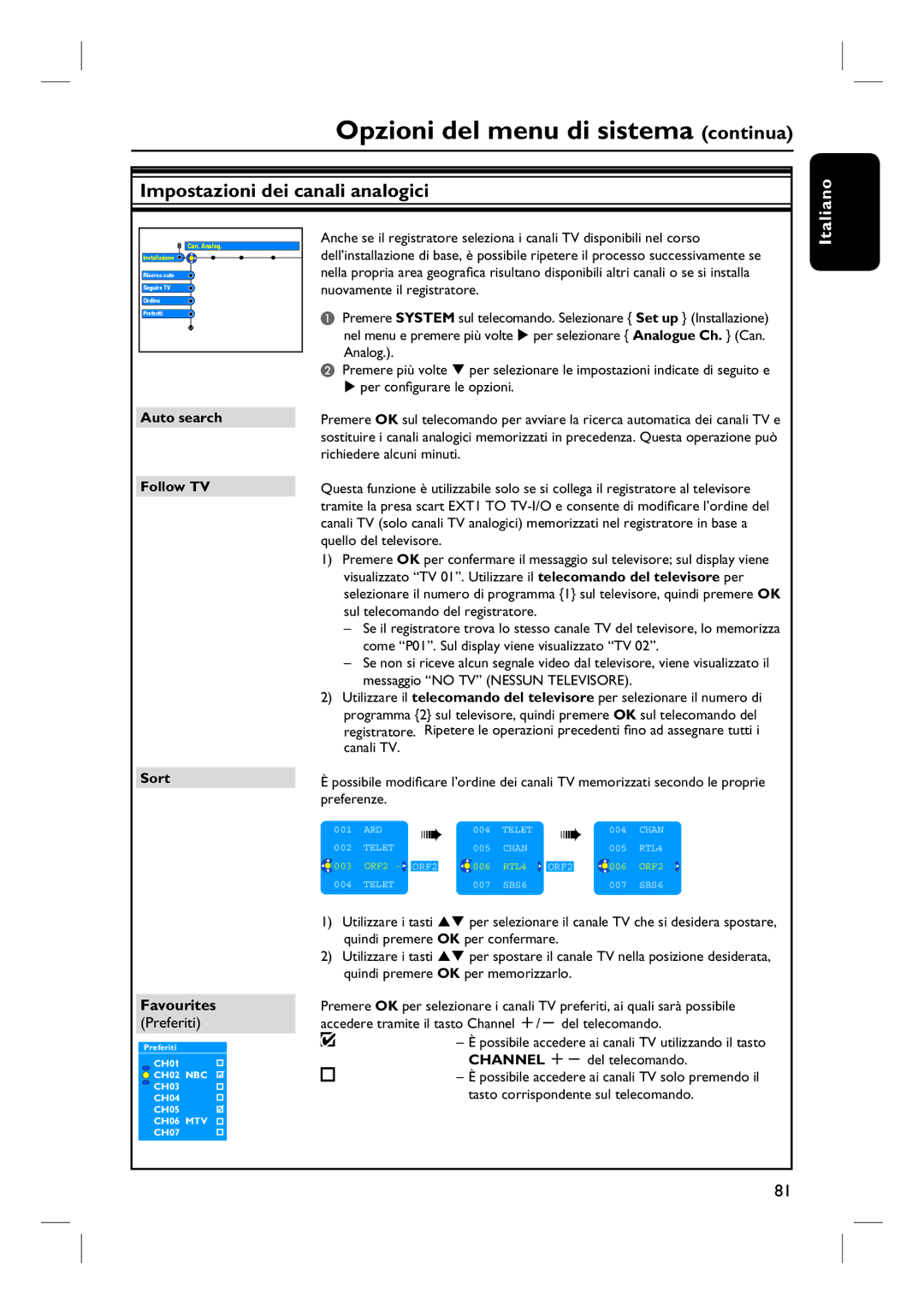 Philips DVDR7260H manual do utilizador Impostazioni dei canali analogici, Favourites, Preferiti 