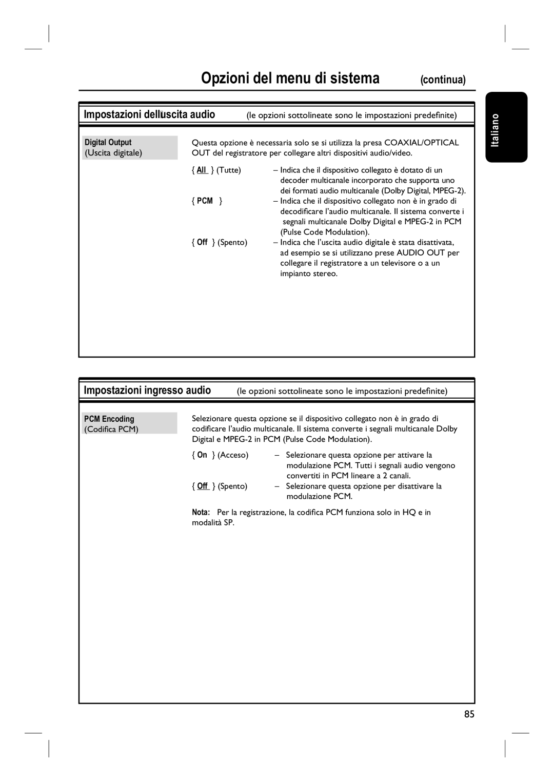 Philips DVDR7260H manual do utilizador Uscita digitale, Digital Output, Pcm, PCM Encoding 