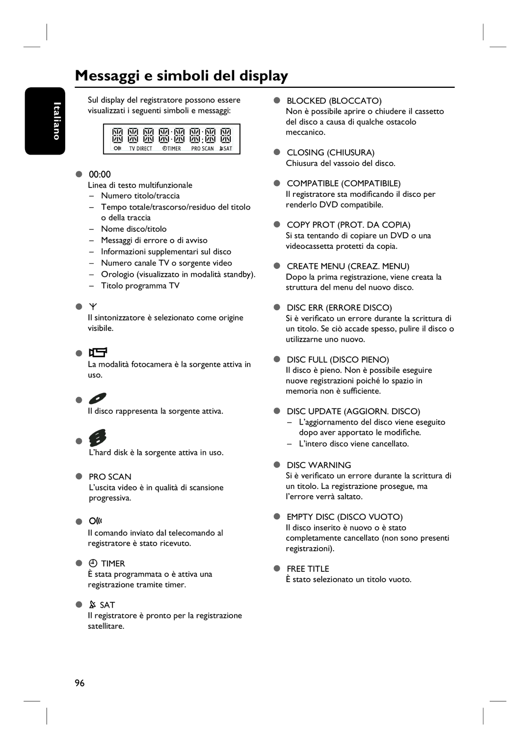 Philips DVDR7260H manual do utilizador Messaggi e simboli del display 