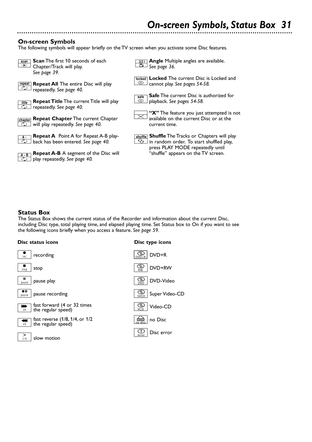 Philips DVDR75 owner manual On-screen Symbols, Status Box, Disc status icons, Disc type icons 