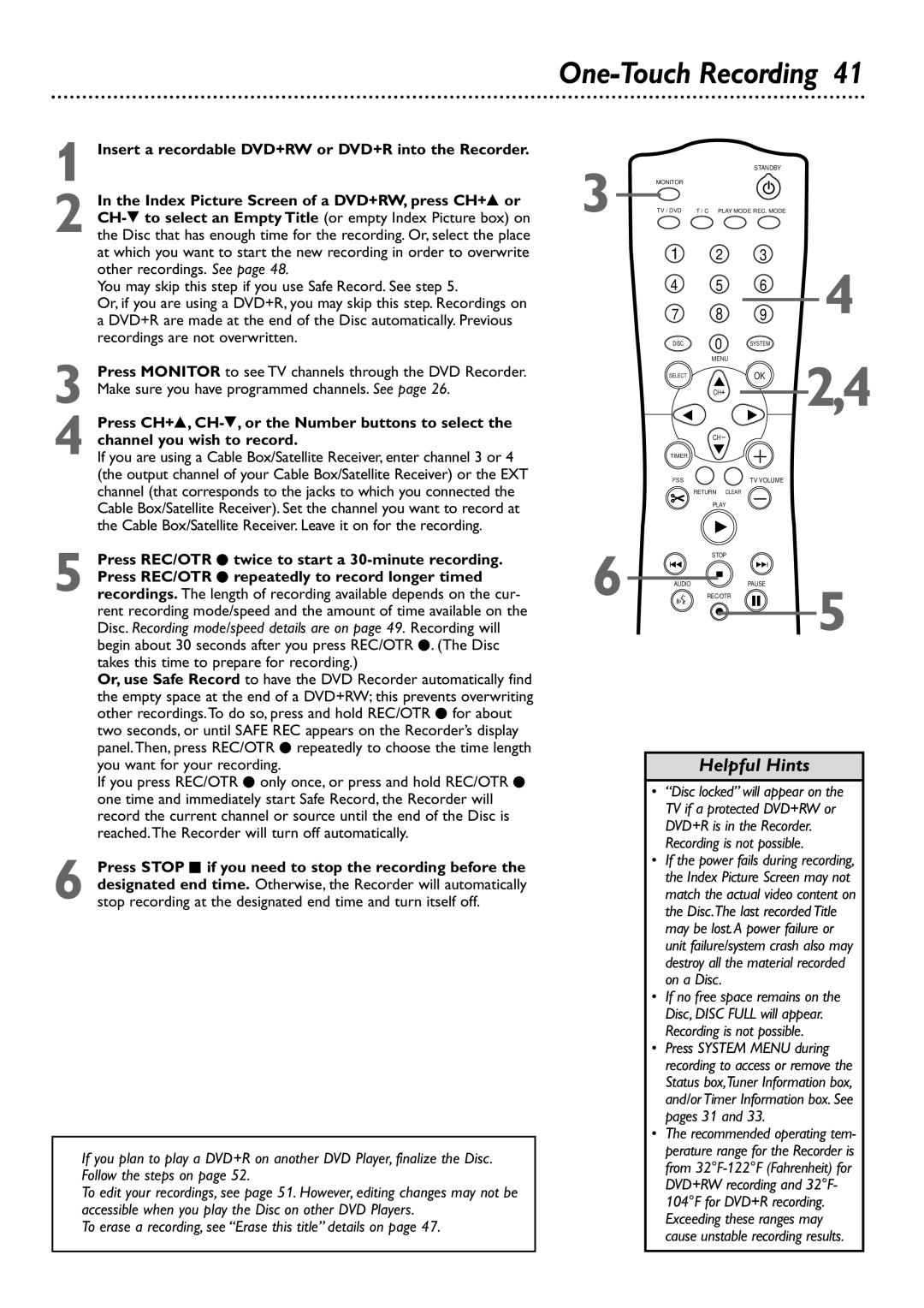 Philips DVDR75 owner manual One-Touch Recording 