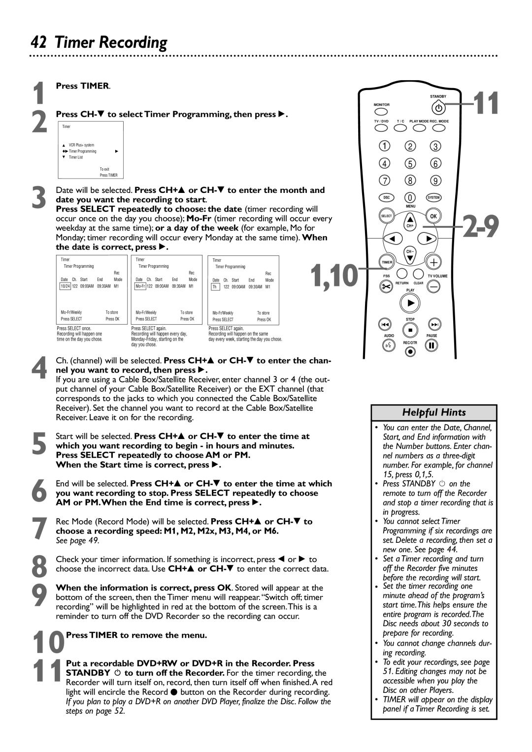 Philips DVDR75 owner manual Timer Recording, When the Start time is correct, press 