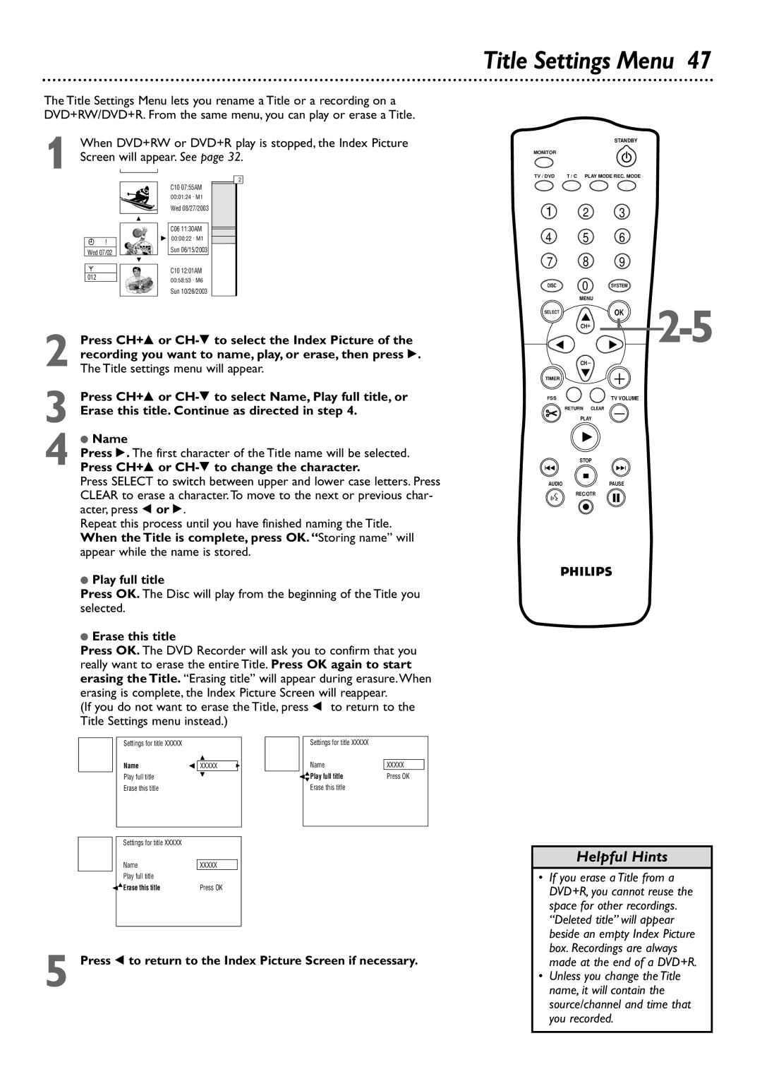 Philips DVDR75 owner manual Title Settings Menu, Play full title, Erase this title 