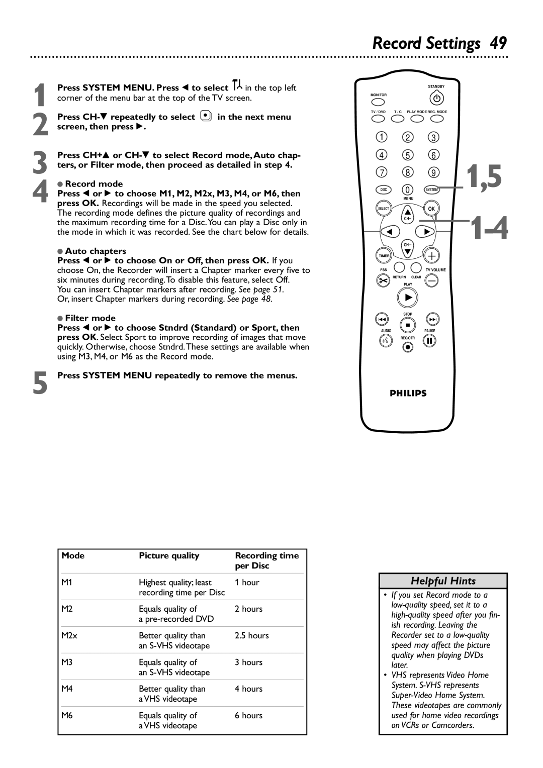 Philips DVDR75 owner manual Record Settings 