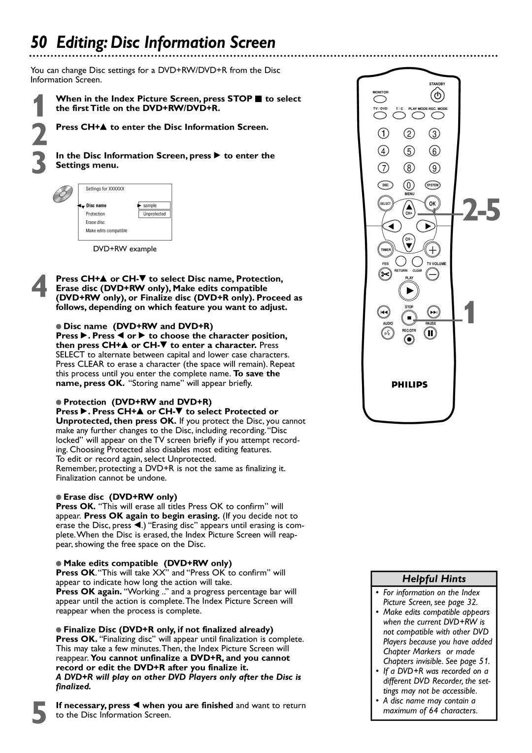 Philips DVDR75 owner manual Editing Disc Information Screen 