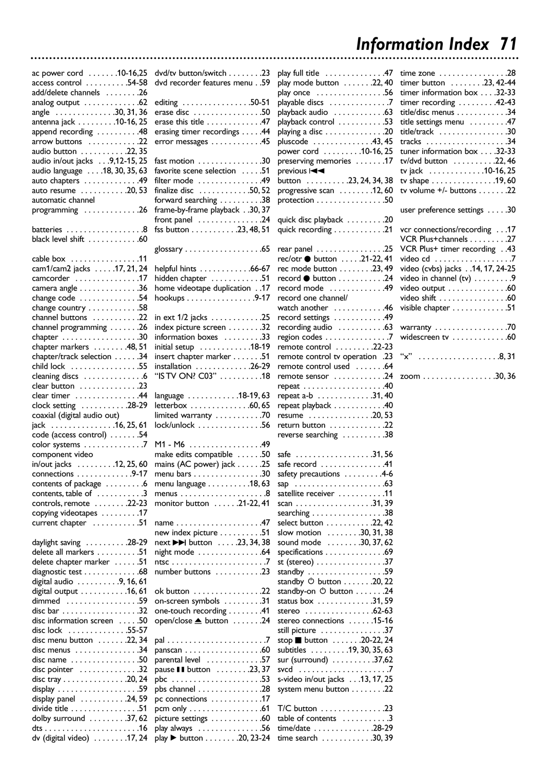 Philips DVDR75 owner manual Information Index 