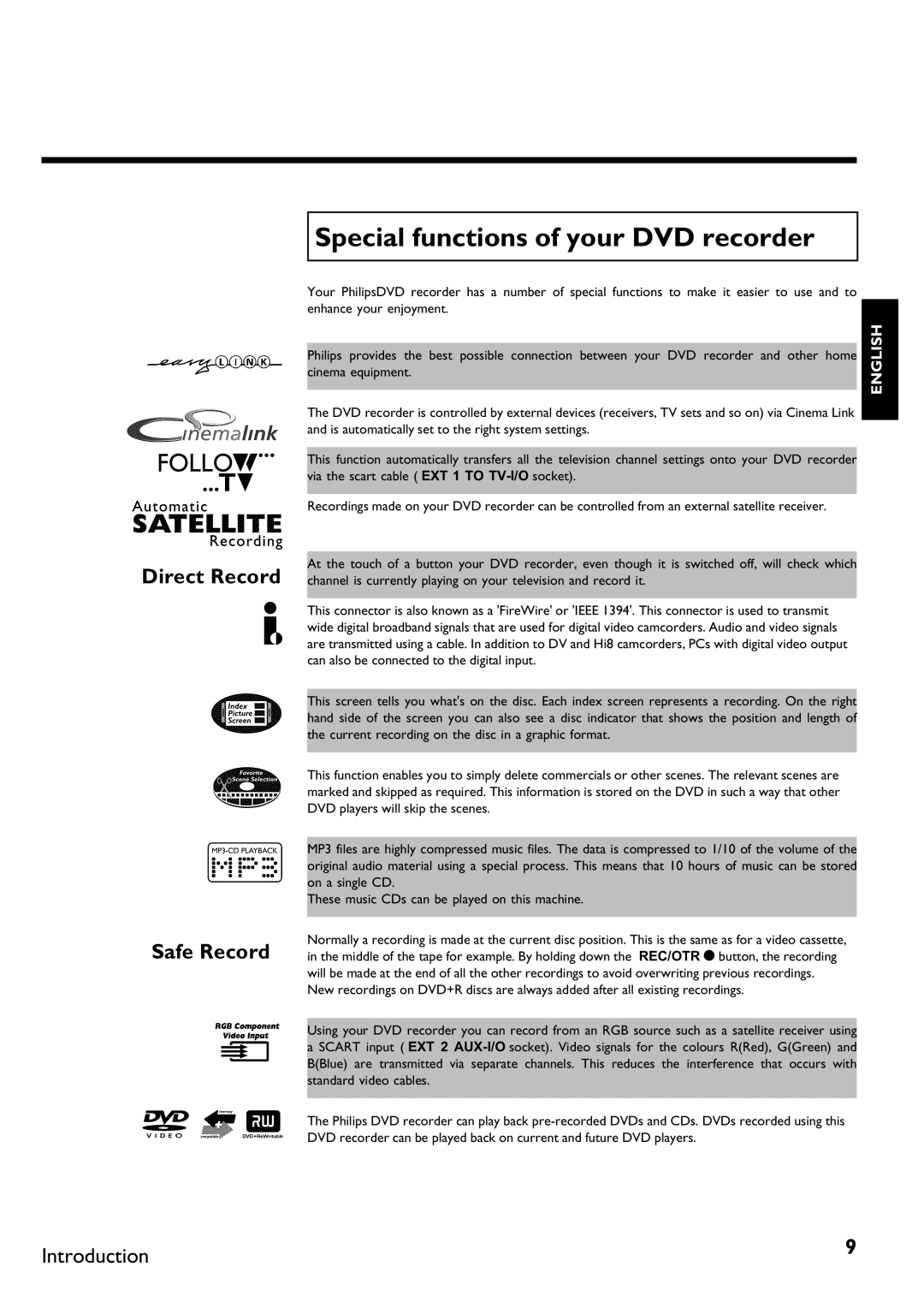 Philips DVDR75/021, DVDR75/001 manual Special functions of your DVD recorder 