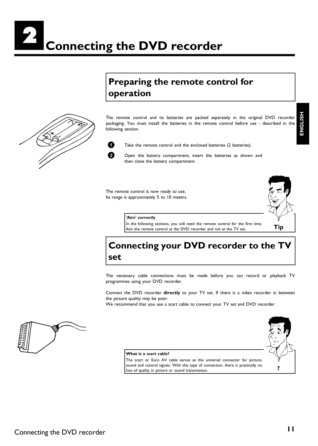 Philips DVDR75/021, DVDR75/001 BConnecting the DVD recorder, Preparing the remote control for operation, Aim correctly 