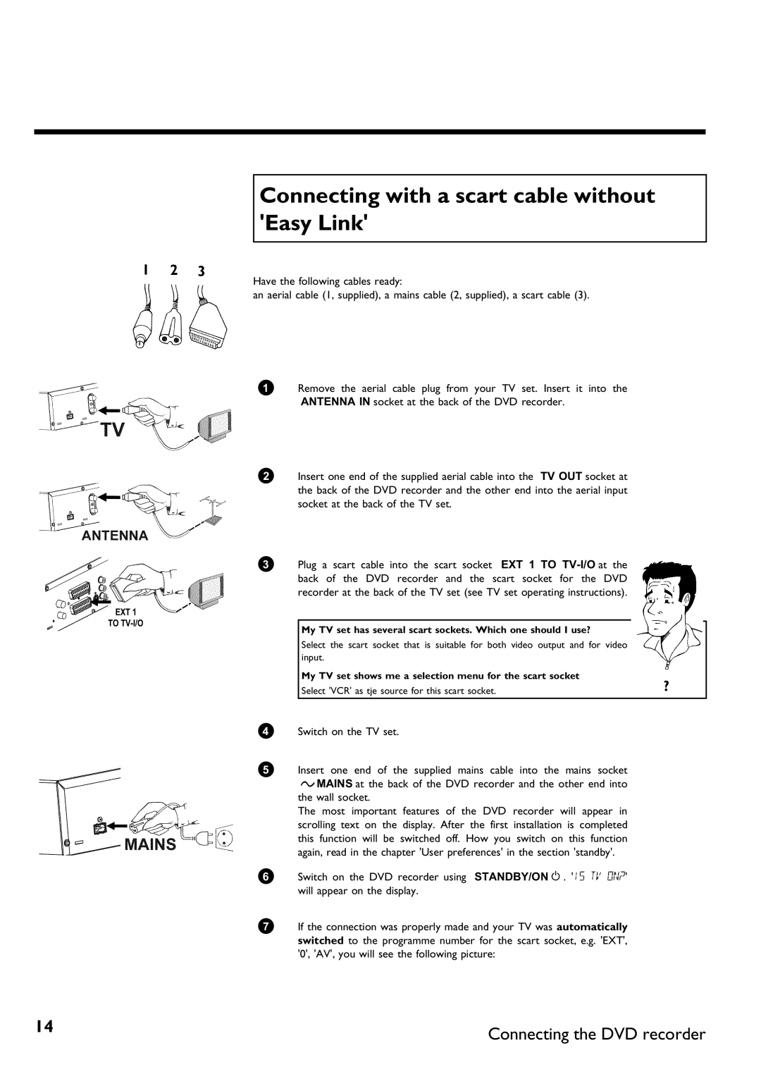 Philips DVDR75/001, DVDR75/021 manual Connecting with a scart cable without Easy Link 