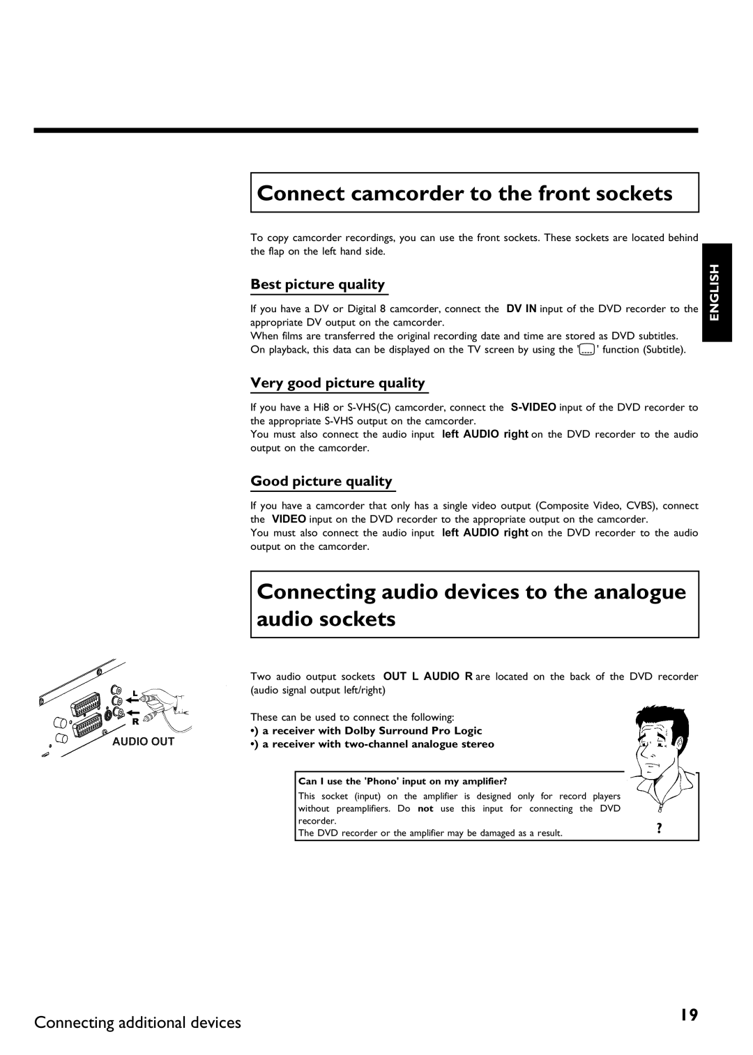 Philips DVDR75/021 manual Connect camcorder to the front sockets, Connecting audio devices to the analogue audio sockets 