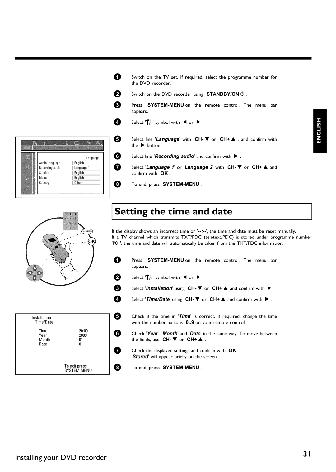 Philips DVDR75/021, DVDR75/001 manual Setting the time and date 