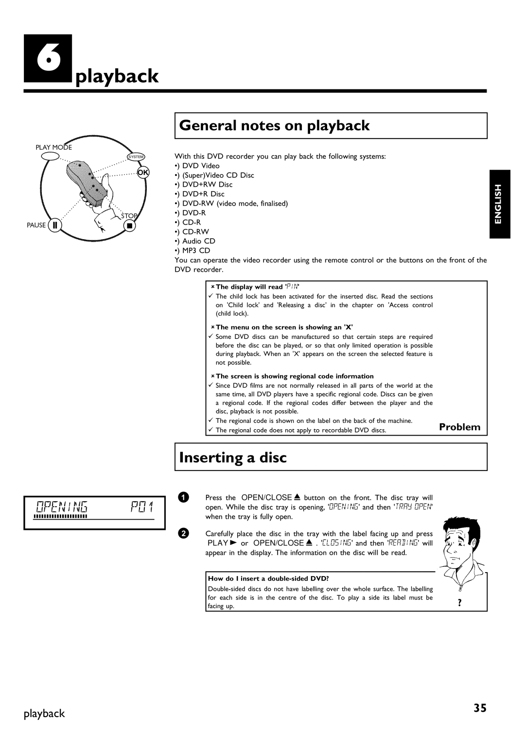 Philips DVDR75/021, DVDR75/001 manual Fplayback, General notes on playback, Inserting a disc 