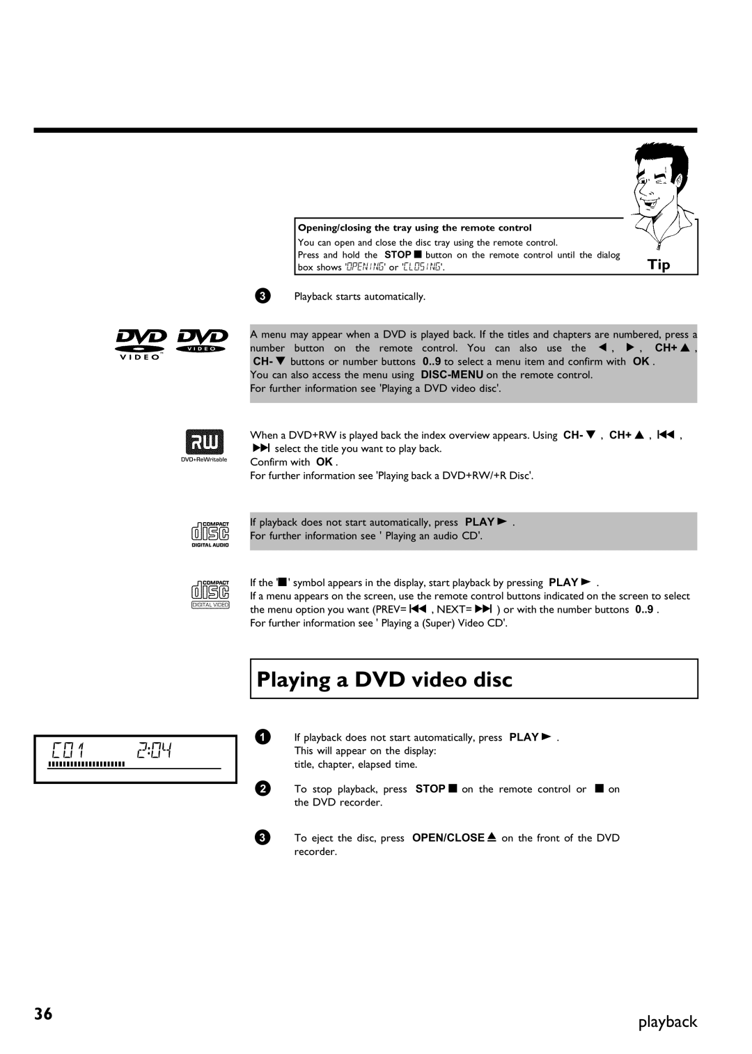 Philips DVDR75/001, DVDR75/021 manual Playing a DVD video disc, Opening/closing the tray using the remote control 