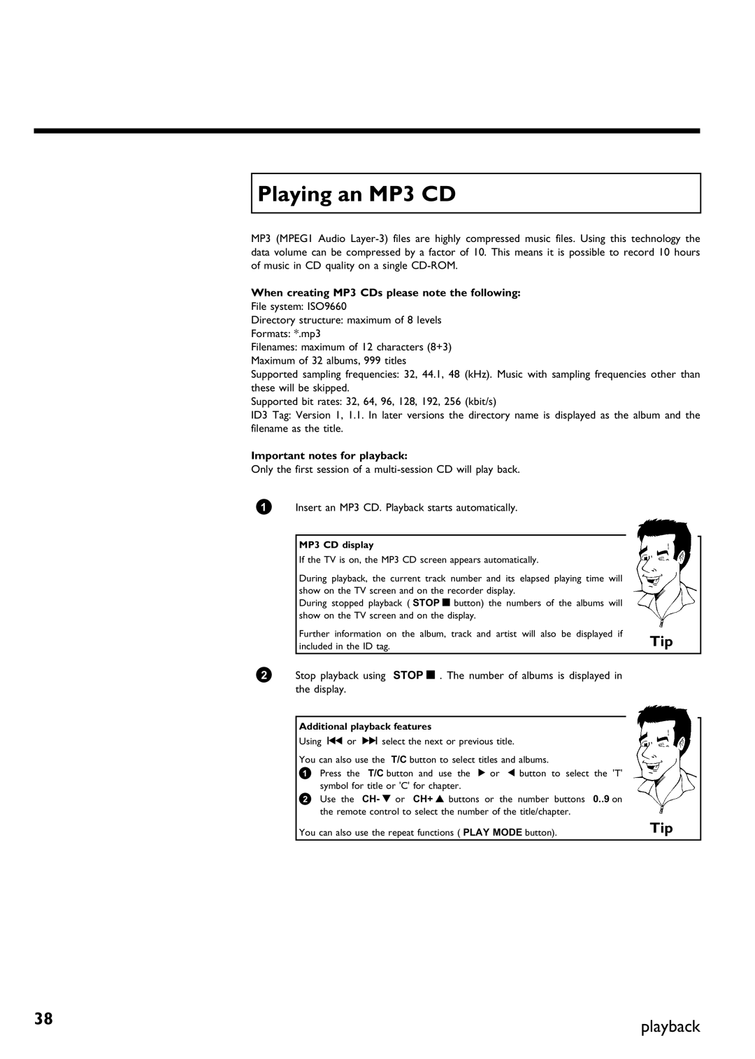 Philips DVDR75/001 manual Playing an MP3 CD, When creating MP3 CDs please note the following, Important notes for playback 