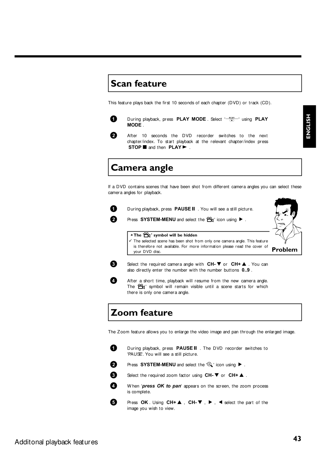 Philips DVDR75/021, DVDR75/001 manual Scan feature, Camera angle, Zoom feature, AThe F symbol will be hidden 