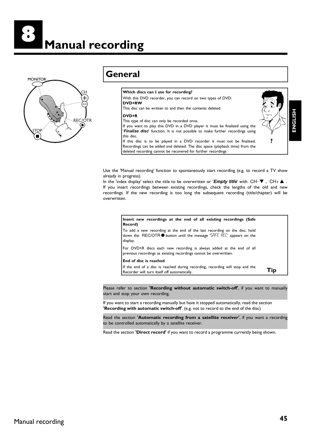 Philips DVDR75/021, DVDR75/001 manual HManual recording, General, Please refer to section Recording without automatic switch 