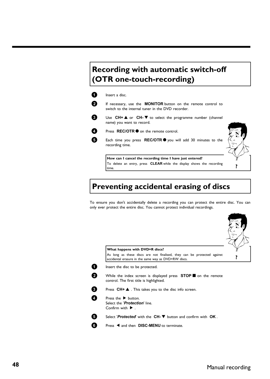 Philips DVDR75/001, DVDR75/021 manual Recording with automatic switch OTR one, Preventing accidental erasing of discs 