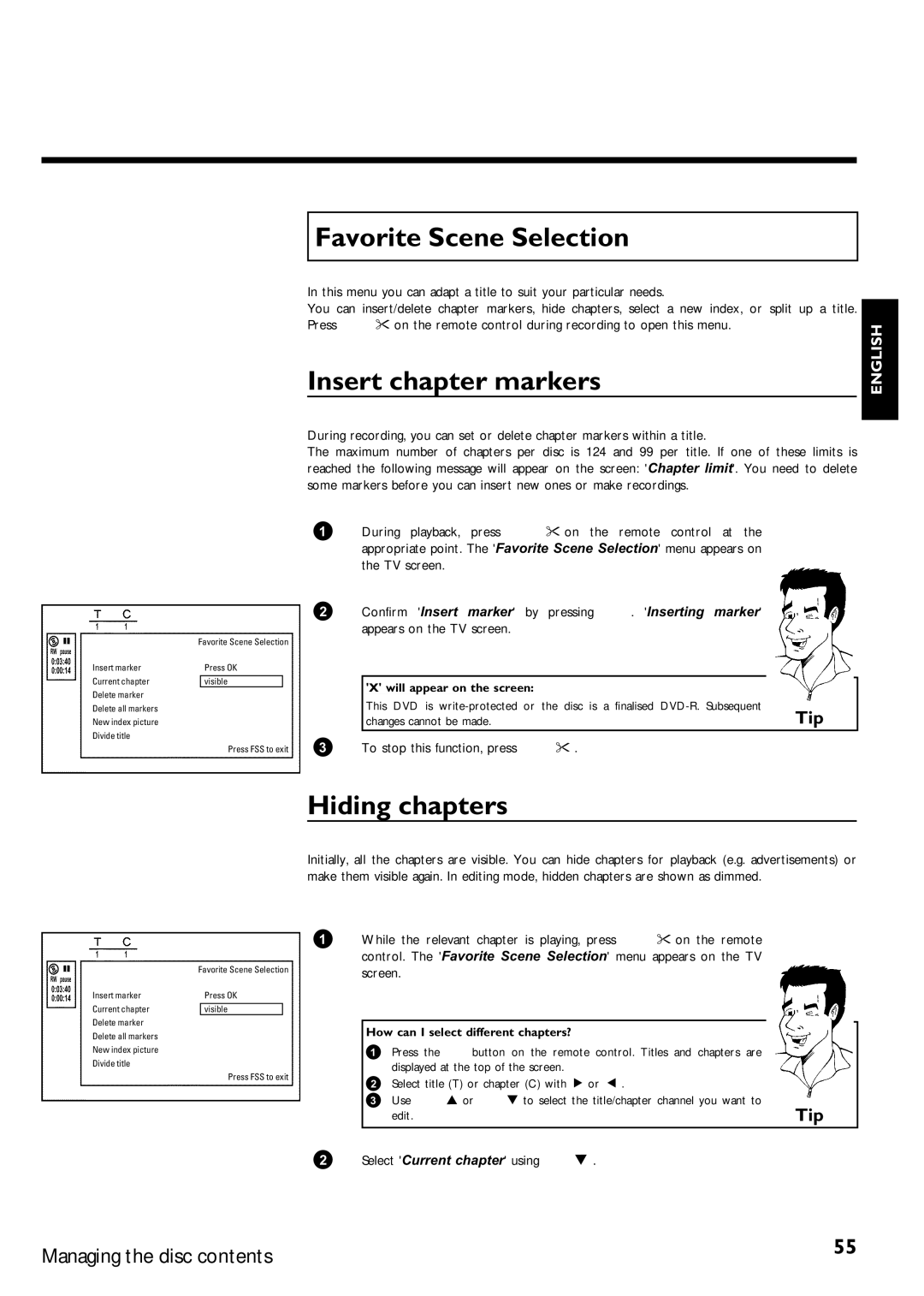 Philips DVDR75/021, DVDR75/001 manual Favorite Scene Selection, Insert chapter markers, Hiding chapters 