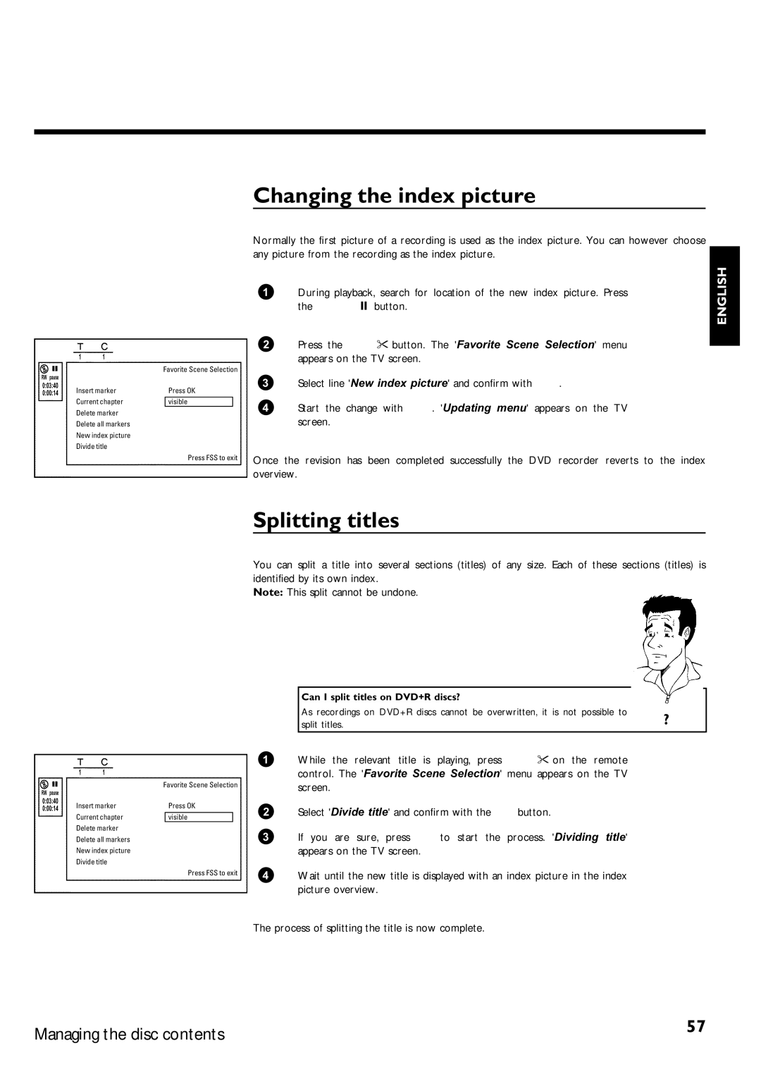 Philips DVDR75/021, DVDR75/001 manual Changing the index picture, Splitting titles, Can I split titles on DVD+R discs? 