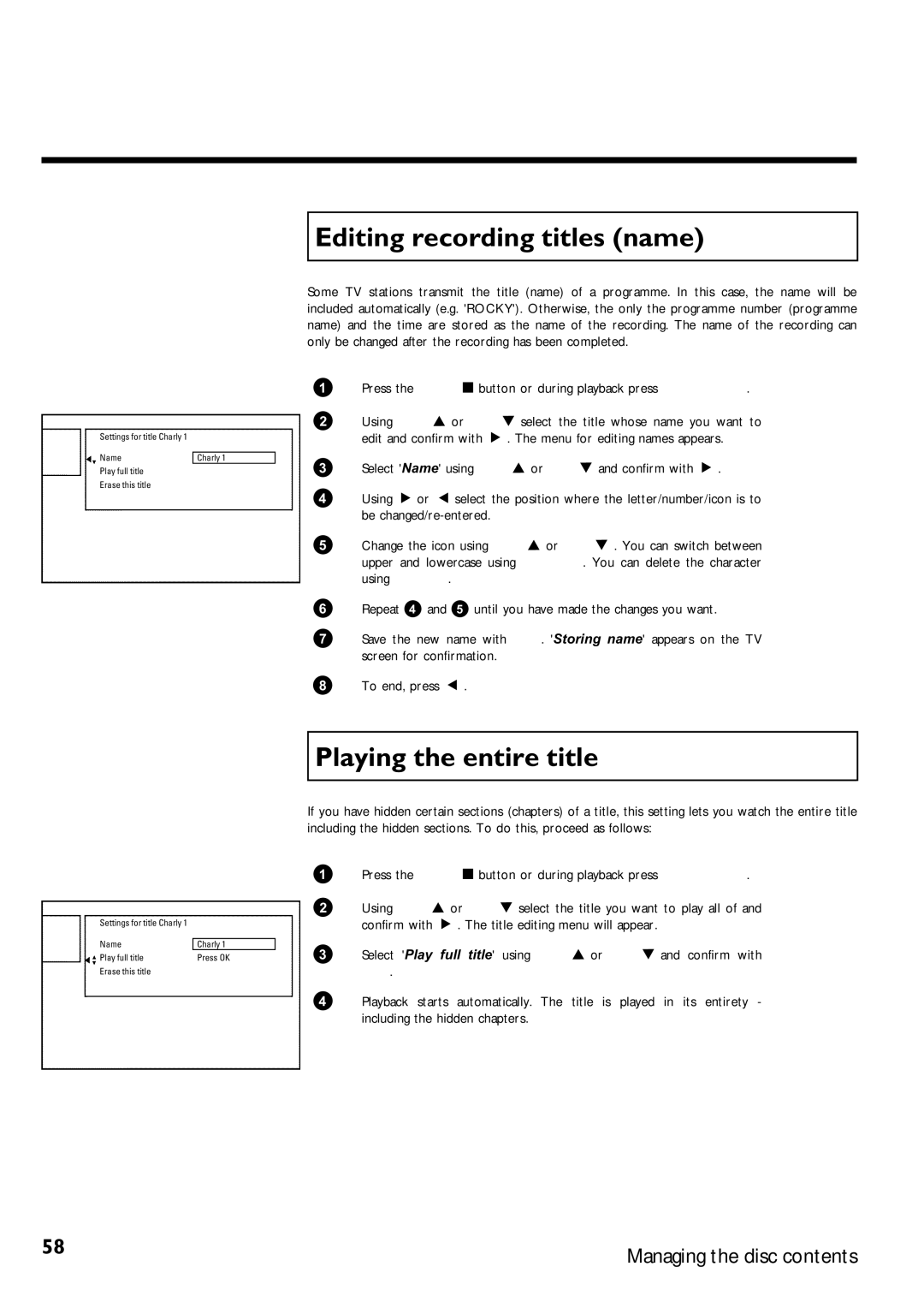 Philips DVDR75/001, DVDR75/021 manual Editing recording titles name, Playing the entire title 