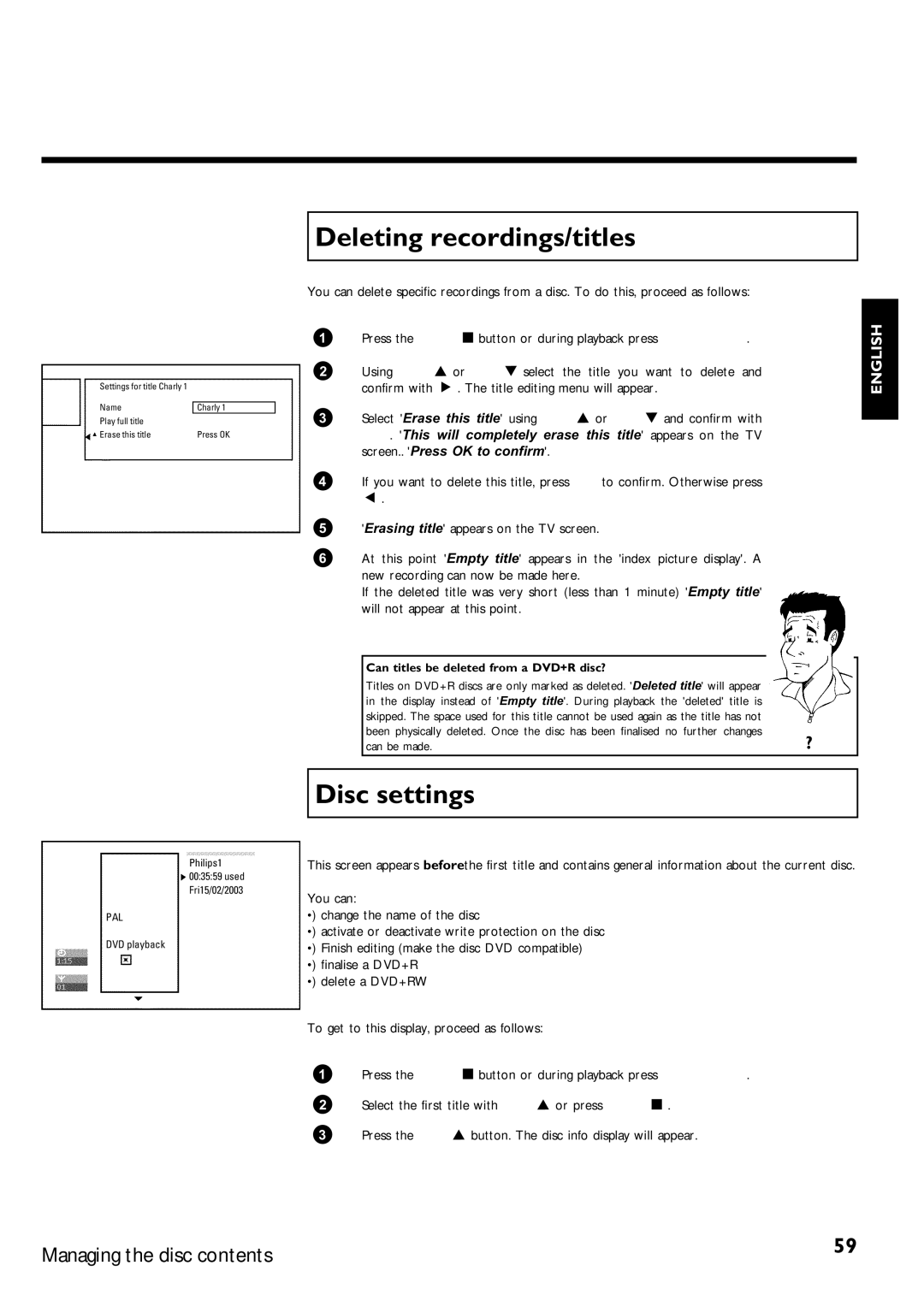 Philips DVDR75/021, DVDR75/001 manual Deleting recordings/titles, Disc settings, Can titles be deleted from a DVD+R disc? 